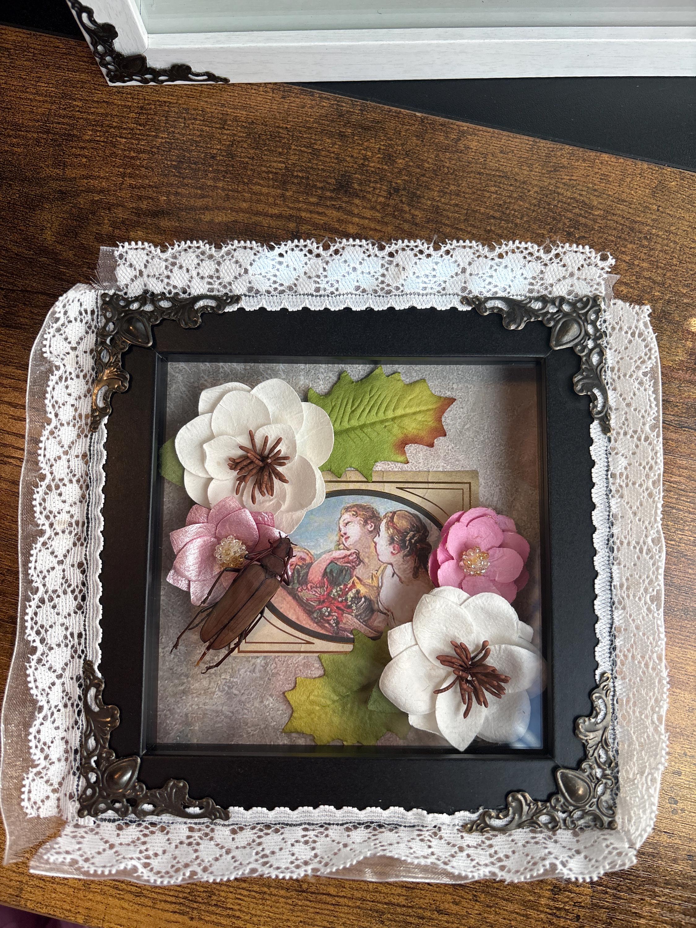 Framed Beetle Art, Handmade Shadow Box with Flowers, Vintage Style Collage